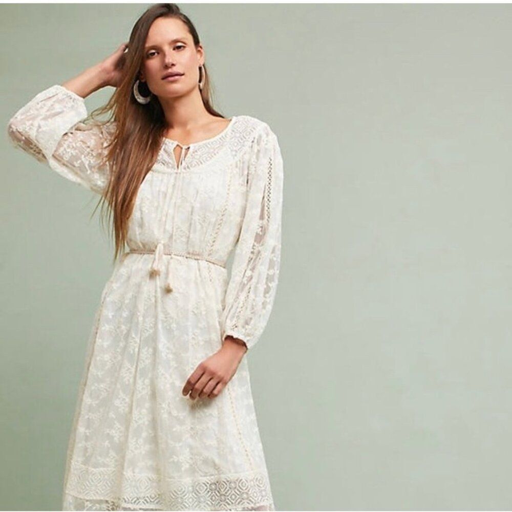 Blue Tassel Anthropologie Women Cream Floral Embroidered Crochet Dress Size PXS